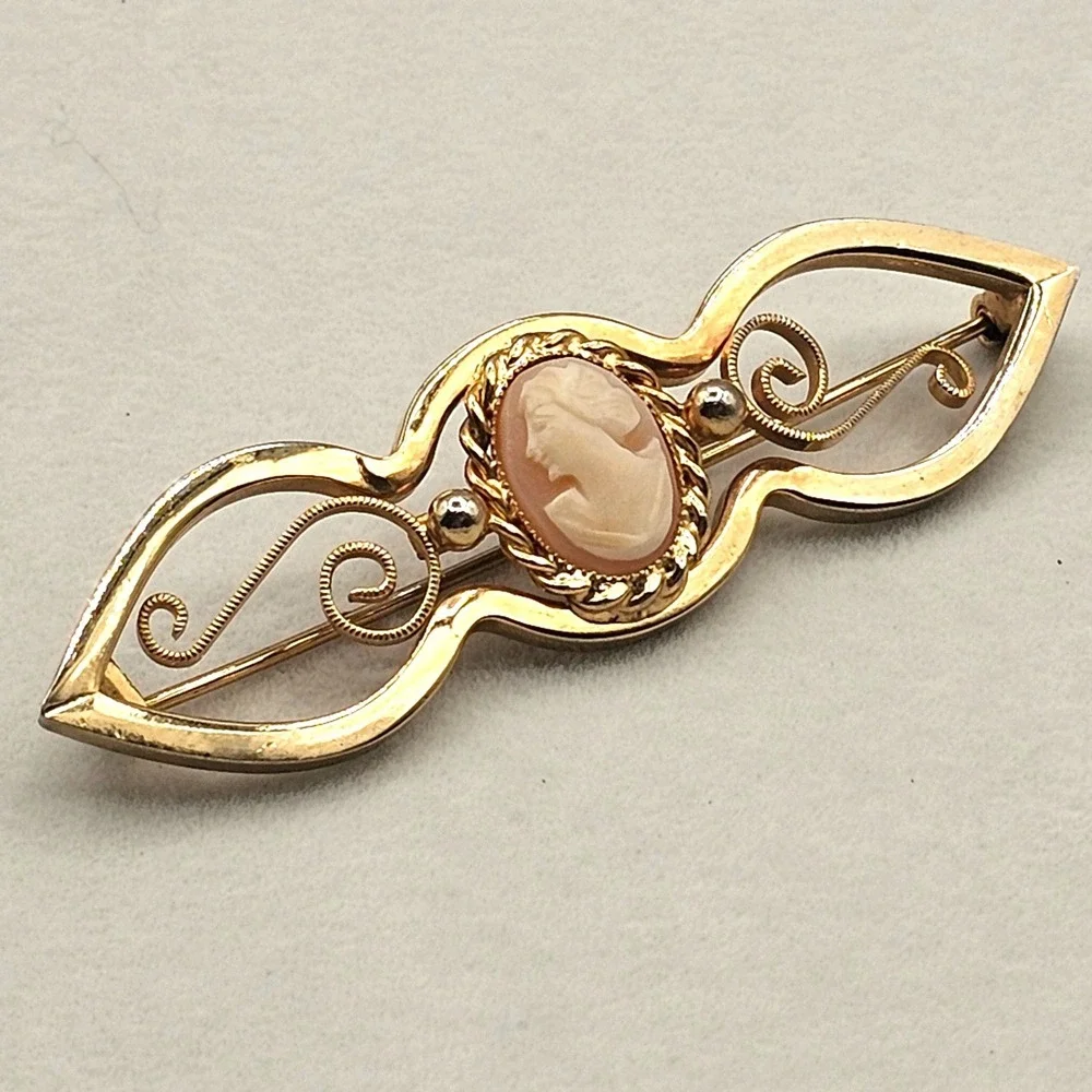 Gold Tone Cameo Bar Brooch Filigree Portrait 3